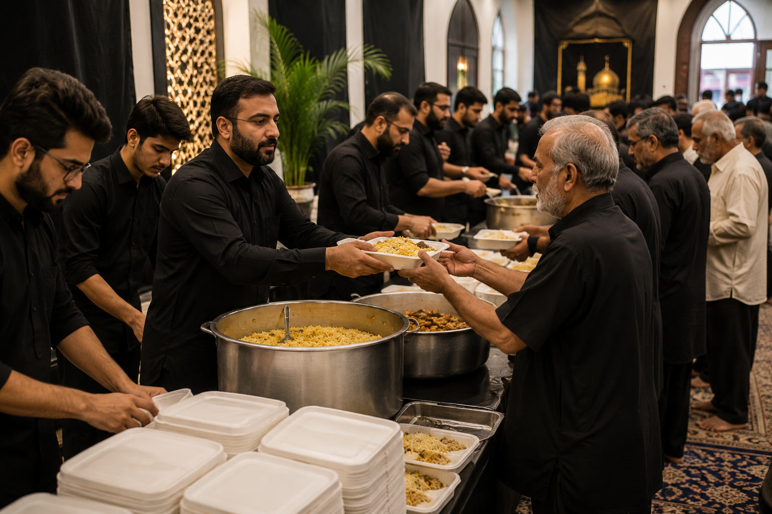 Food being shared and distributed representing the spirit of Niyaz and Tabarruk